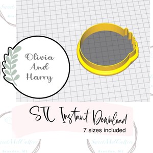 May include: A digital download of a cookie cutter design featuring the text "Olivia And Harry" in a circle with a leafy branch design. The image also shows a yellow cookie cutter in the shape of a heart with a wavy edge. The text "STC Instant Download 7 sizes included" is also visible.