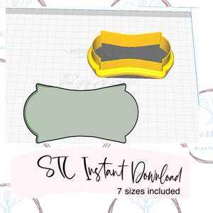 以下が含まれることがあります： 丸みを帯びた長方形で、上下にわずかにカーブしたクッキーカッターの印刷可能なSVGファイルの7つの異なるサイズをデジタルダウンロードできます。クッキーカッターは黄色と緑色で表示されています。
