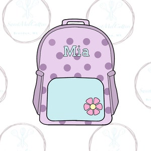 May include: Purple polka dot backpack with a light blue pocket and a pink flower. The backpack has the name "Mia" written on the front.