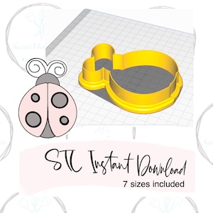May include: A digital 3D model of a ladybug cookie cutter. The cutter is pink and gray with black dots. The image also shows the text "STC Instant Download 7 sizes included".
