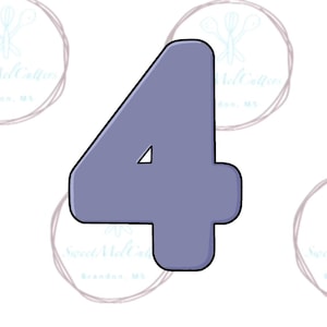 May include: A light blue number four cookie cutter. The cutter is made of plastic and has a smooth, rounded shape.