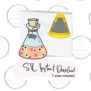 May include: A digital download of seven different sizes of a Halloween-themed cookie cutter in the shape of a potion bottle with a spider and eyeballs. The cutter is yellow and the bottle is blue with orange, white, and black details. The text "STC Instant Download 7 sizes included" is also visible.