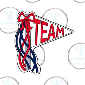 May include: A red, white, and blue pennant with the word "TEAM" in red letters. The pennant is attached to a blue and red ribbon with a red bow.