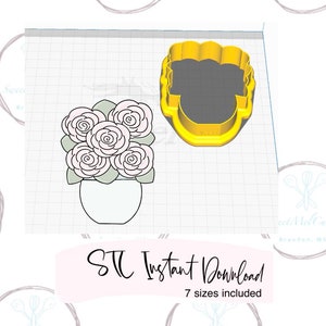 Peut inclure: Téléchargement instantané d'un modèle de découpe de biscuits en forme de bouquet de fleurs. Le motif représente un bouquet de roses dans un vase. L'image comprend également le texte "STC Instant Download 7 sizes included".
