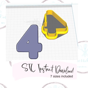 May include: A purple number four cookie cutter with a yellow tree cookie cutter. The text "STC Instant Download 7 sizes included" is below the cutters.