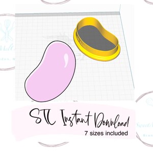 May include: A 3D printed cookie cutter in the shape of a jelly bean. The cutter is yellow and has a pink jelly bean inside. The text "STC Instant Download" and "7 sizes included" is below the image.
