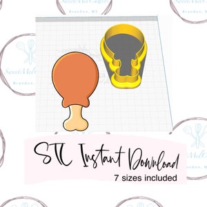 May include: A digital download of a cookie cutter in the shape of a chicken drumstick. The cutter is yellow and the image shows a preview of the cookie cutter on a white grid background. The text "STC Instant Download 7 sizes included" is also included in the image.