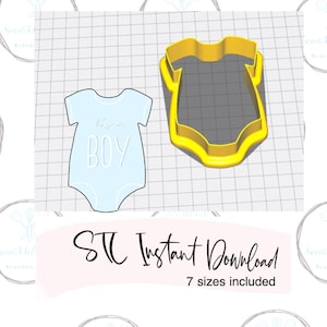 May include: A blue baby onesie cookie cutter with the text "It's a Boy" in white. The cutter is shown on a white grid background.  The image also includes a yellow outline of the onesie cookie cutter.