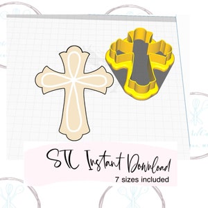 May include: A digital design for a cross-shaped cookie cutter. The design is shown in two different sizes, one in a light beige color and the other in a bright yellow color. The text "STC Instant Download 7 sizes included" is also shown in the image.