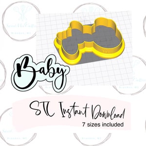 May include: A digital download of seven different sized SVG files for a cookie cutter in the shape of the word "Baby" in a cursive font. The image also shows a separate cookie cutter in the shape of a baby carriage.