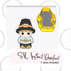 May include: A digital download of a printable SVG file for a pilgrim boy cookie cutter. The image shows a cartoon pilgrim boy with a hat and buckle, and a yellow cookie cutter outline.