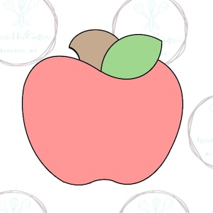 May include: A red apple cookie cutter with a green leaf and brown stem.