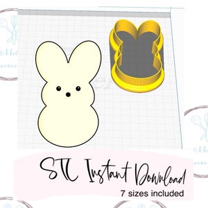 May include: A digital download of seven different sized cookie cutters in the shape of a bunny. The bunny is yellow and has black eyes. The cookie cutters are shown on a white background with a grid pattern.