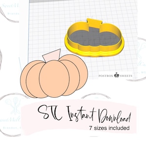 May include: A digital download of a pumpkin cookie cutter in seven different sizes. The image shows a yellow pumpkin cookie cutter and a peach-colored pumpkin illustration.