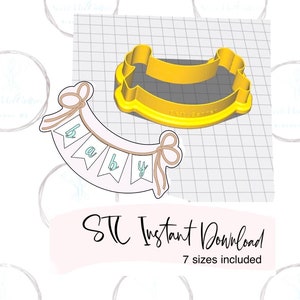 May include: A digital download of a baby banner cookie cutter in 7 sizes. The cutter is a banner with the word "baby" on it. The cutter is shown on a grid background.