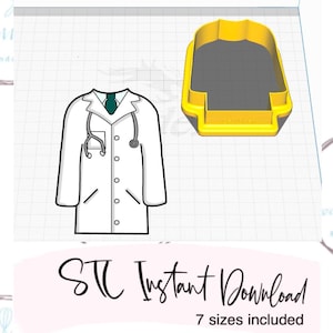 May include: A digital download of a doctor's coat cookie cutter. The cutter is yellow and has a white outline. The image also shows a cartoon doctor's coat with a stethoscope. The text "STC Instant Download 7 sizes included" is at the bottom of the image.