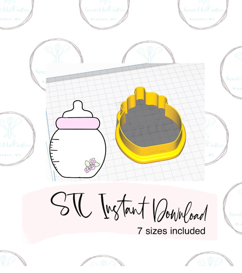May include: A digital design for a baby bottle cookie cutter. The design is yellow and features a pink nipple and a flower design. The text "STL Instant Download 7 sizes included" is at the bottom of the image.