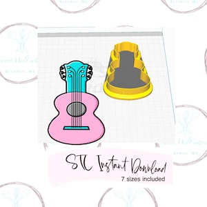 May include: A digital download of a guitar cookie cutter design. The design is pink, blue, and yellow. The text "STC Instant Download 7 sizes included" is at the bottom of the image.