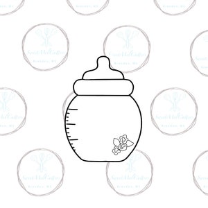 May include: A black and white line drawing of a baby bottle with a flower design on the side.