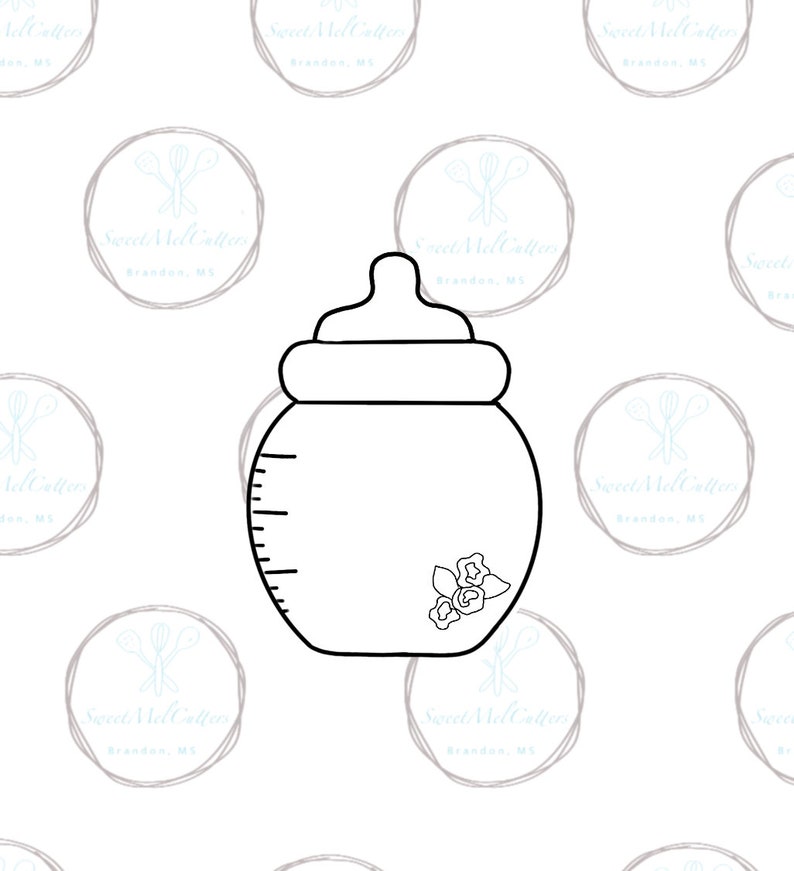 May include: A black and white line drawing of a baby bottle with a flower design on the side.