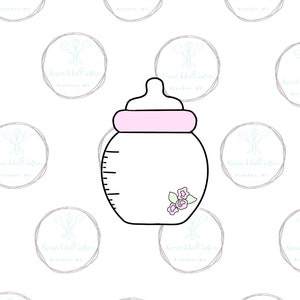 May include: A black and white outline of a baby bottle with a pink lid and a floral design. The bottle has a measurement scale on the side.