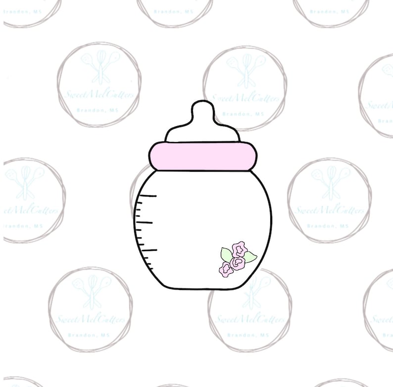 May include: A black and white outline of a baby bottle with a pink lid and a floral design. The bottle has a measurement scale on the side.
