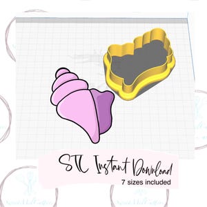 Puede incluir: Un cortador de galletas con forma de concha y un cortador de contorno a juego en amarillo. La concha es rosa y morada. El texto en una pancarta rosa dice "STL Instant Download" y "7 tamaños incluidos".