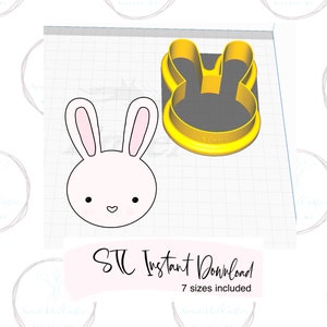 Könnte beinhalten: Ein digitaler Download von sieben verschiedenen Größen von SVG-Dateien für einen Hasen-Ausstecher. Der Hase hat eine rosa Nase und Ohren. Der Text "STL Sofort-Download 7 Größen enthalten" befindet sich am unteren Rand des Bildes.