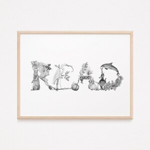 LEIA impressão. R é para, impressão de leitura, alfabeto, desenhos de animais, arte original, letras, quarto infantil, presente de bebê, arte original, quarto de bebê