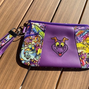 Handmade Fully Lined Purple Figment Disney Inspired Embroidered |Cosmetic Bag | Wash Bag | Coin Pouch | Make Up Bag & Purse Key Fob.