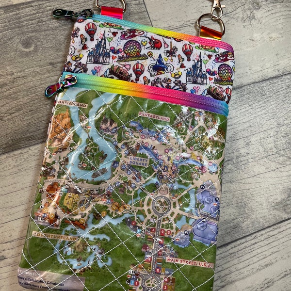 Handmade Fully Lined Recycled Disney World Magic Kingdom park map, Cross Body, Over the shoulder Bag, handbag, tablet holder, Purse.