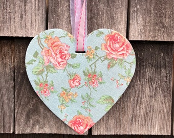 Wooden Heart Valentine Decoupage Blue Rose Chintz Floral ornament, wall hanging