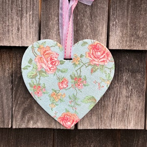 Wooden Heart Valentine Decoupage Blue Rose Chintz Floral ornament, wall hanging
