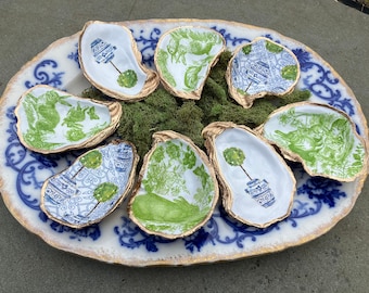 Oyster Shell Ring Dish, Decoupage Jewelry Holder, Bunny Rabbit Topiary Blue and White Spring floral Trinket Bowl, Coastal Decor