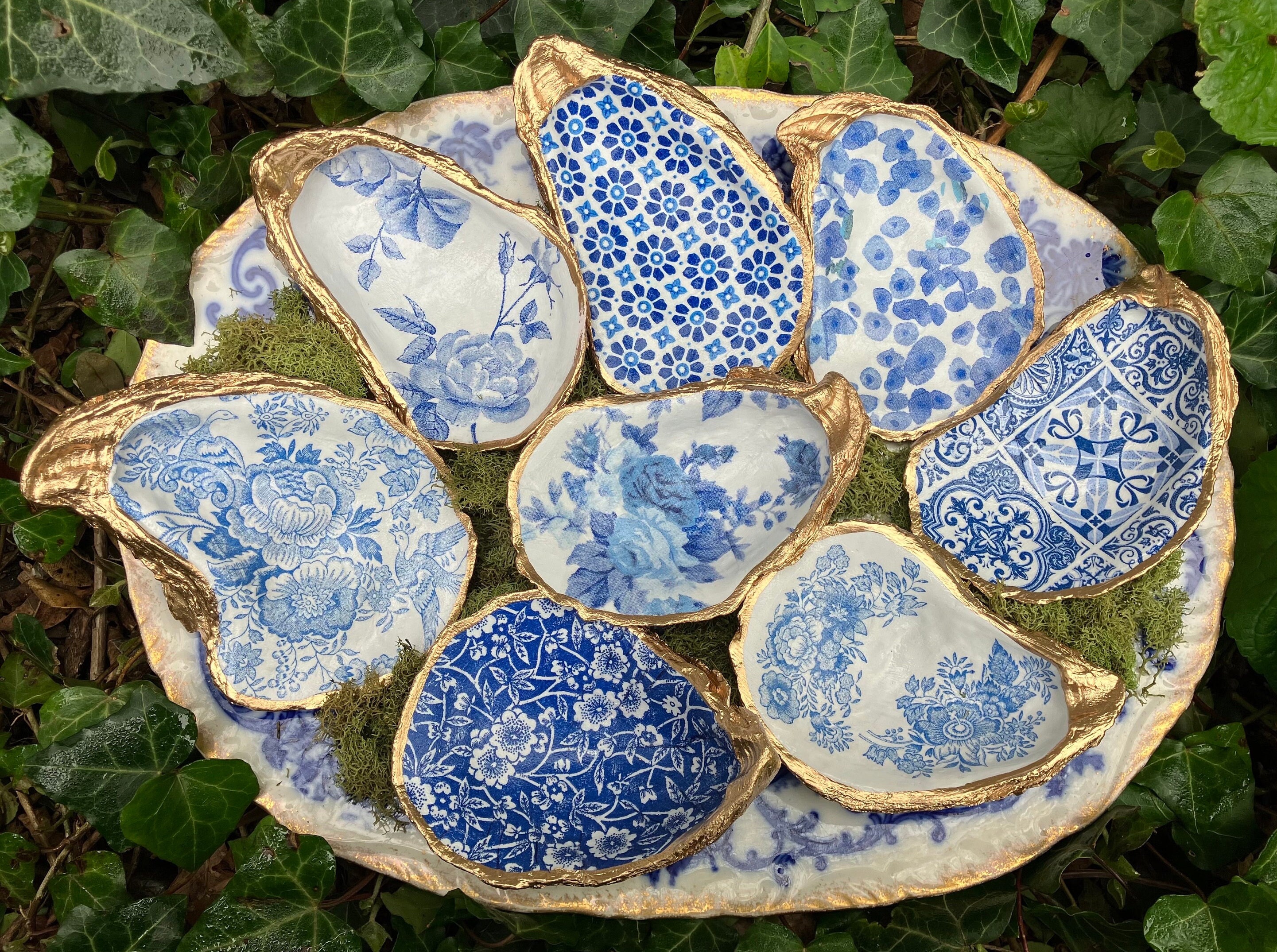 Oyster Shell Ring Dish, Decoupage Chinoiserie Jewelry Holder, Trinket Bowl Coastal Decor, Blue White Beach Wedding, Bridesmaid Hostess gifts
