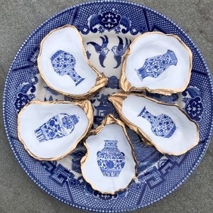 Oyster Shell Ring Dish, Decoupage Chinoiserie Jewelry Holder, Trinket Bowl Coastal Decor, Blue White Beach Wedding, Bridesmaid Hostess gifts