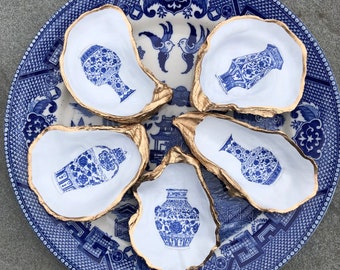 Oyster Shell Ring Dish, Decoupage Chinoiserie Jewelry Holder, Trinket Bowl Coastal Decor, Blue White Beach Wedding, Bridesmaid Hostess gifts