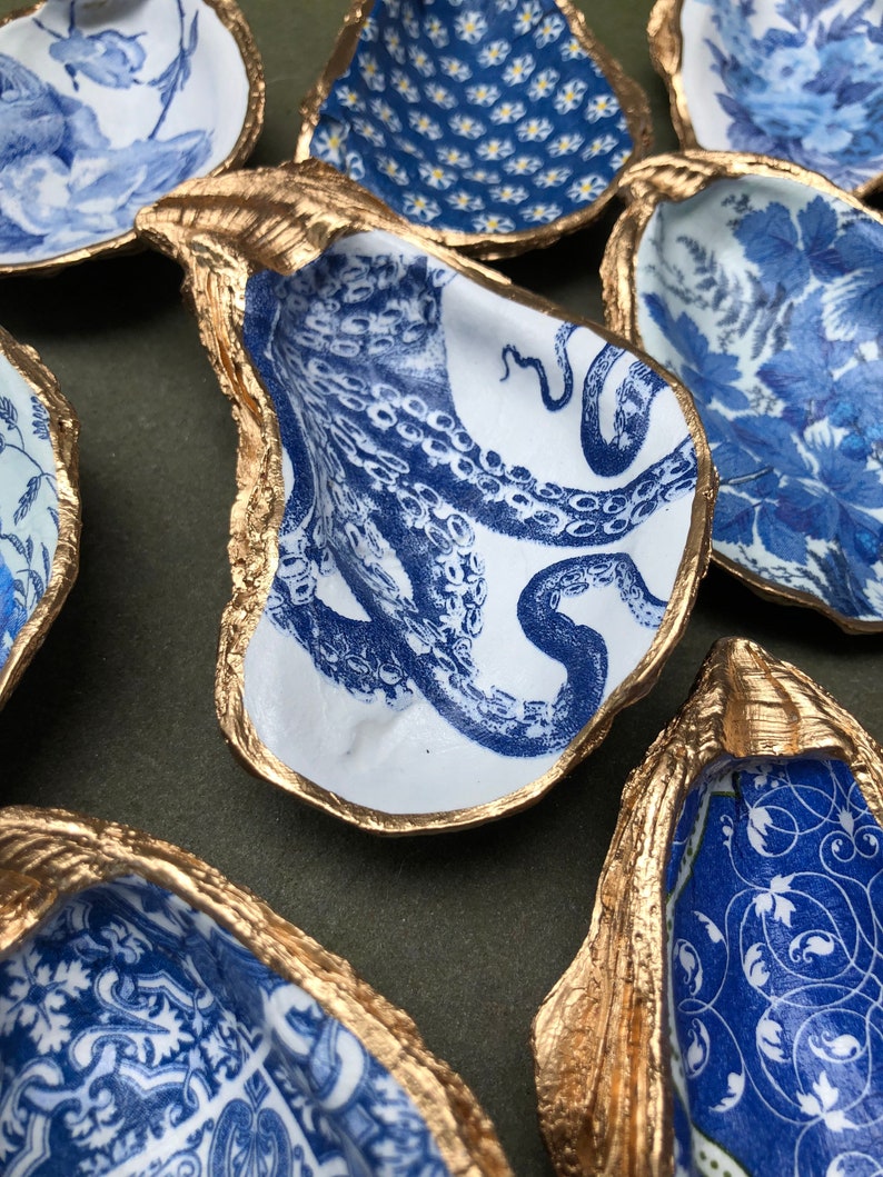 Oyster Shell Ring Dish, Decoupage Chinoiserie Jewelry Holder, Trinket Bowl Coastal Decor, Blue White Beach Wedding, Bridesmaid Hostess gifts image 6