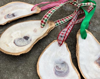 Gold Leaf Oyster Shell Christmas Ornaments, Coastal Holiday Decor, Set of 4