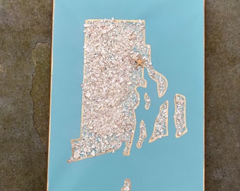 Rhode Island State outline map, crushed seashell mosaic collage on canvas, wall art, wall hanging, rustic beach coastal decor