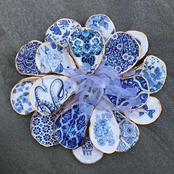 Oyster Shell Decoupage Christmas ornaments, blue white chinoiserie coastal nautical beach holiday decor, Hostess gift