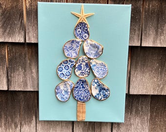 Oyster Christmas Tree on canvas, blue white decorative shells, coastal holiday decor, seashell wall art, wall hanging