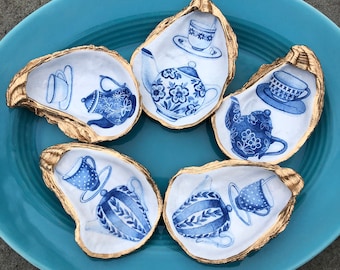 Oyster Shell Ring Dish, Decorative Jewelry Holder, Trinket Bowl, Coastal Decor,  Blue white , teapots, Tea party Hostess gifts