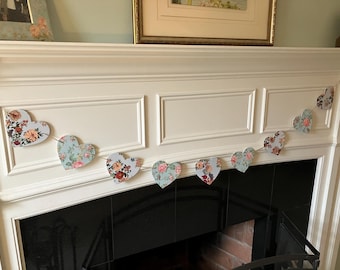 Wooden Heart Garland Bunting Decoupage Valentines Shabby Chic Rose Chintz Floral