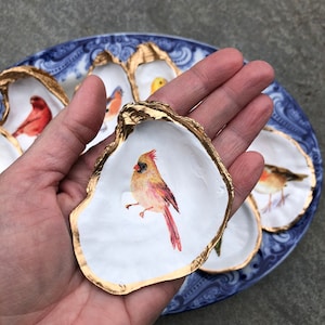 Oyster Shell Ring Dish, Decoupage jewelry trinket holder, Bird, Budgie, Parakeet, Cardinal, Hummingbird, Wren, Robin, Coastal decor image 5