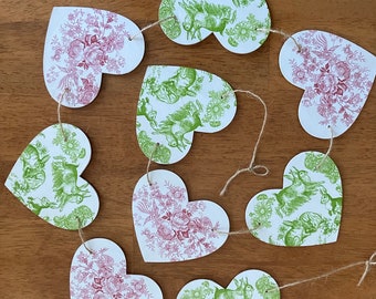 Wooden Heart Garland Bunting Decoupage Valentines Shabby Chic Green Rabbit Easter Bunny Pink Toile