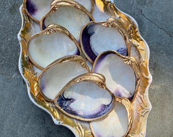 Set of 8 Clam Shell Ring Dishes, Seashell Jewelry Trinket Bowl, Quahog wampum purple Coastal Beach Decor, Wedding Party Bridesmaid Gift