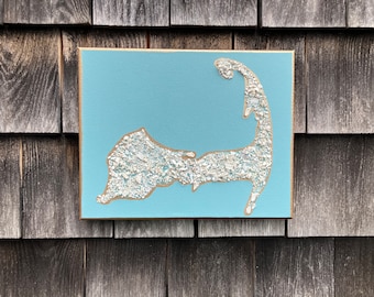 Cape Cod outline map, crushed seashell mosaic collage on canvas, wall art, wall hanging, rustic beach coastal decor