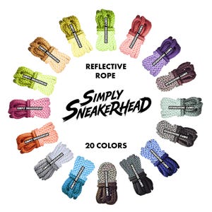 May include: An assortment of 20 reflective ropes in various colors, arranged in a circular pattern. Each rope is bundled and labeled with "SIMPLY SNEAKERHEAD". The text "REFLECTIVE ROPE" and "20 COLORS" are also displayed.