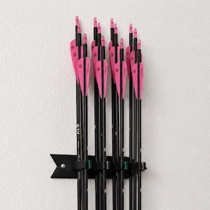 May include: A wall-mounted black rack holding a set of archery arrows. Each arrow features a long, thin black shaft and bright pink fletching at the top. The rack is secured horizontally to the wall, keeping the arrows organized in a vertical row.